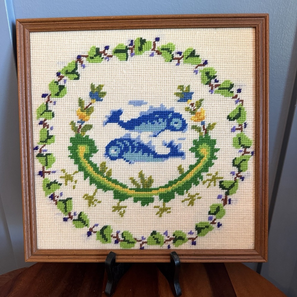 Vintage Needlepoint Fish Art Framed 13x13 Koi Style Folk Wall Decor Lake Sea